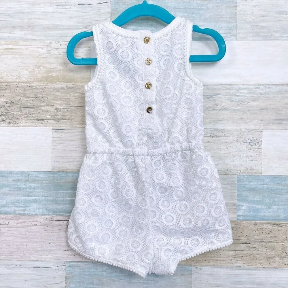 Genuine Kids OshKosh Lace Pom Trim Romper White Dolphin Hem Baby Girls 18M